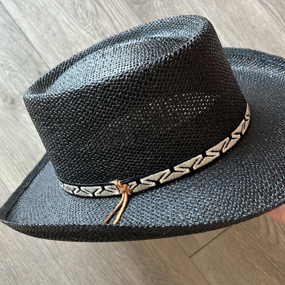 VINTAGE COWBOY HAT 80s HAT WORKS Black Straw Western Sun Beach Hiking Travel - Picture 6 of 10